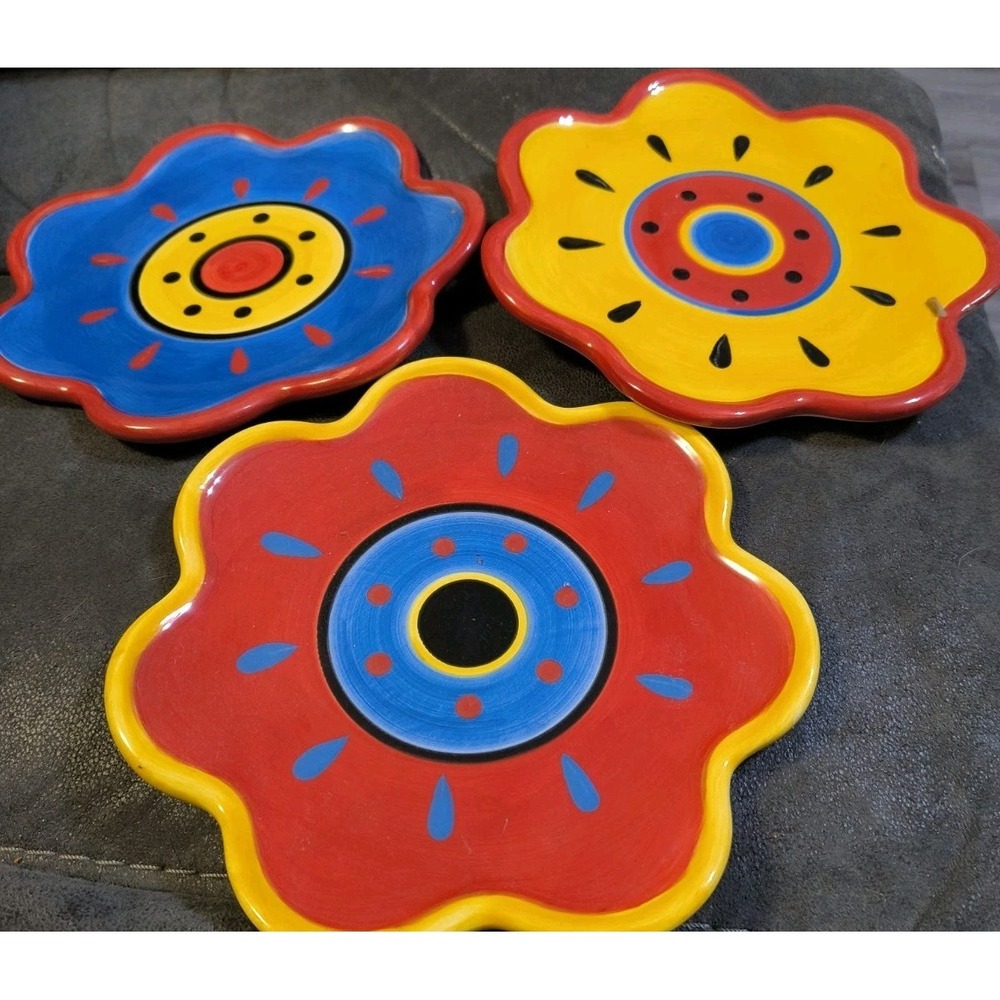 3 Susan Winget Bright Plates Sunshine Yellow Red Blue Certified Intn'l EUC Aztec